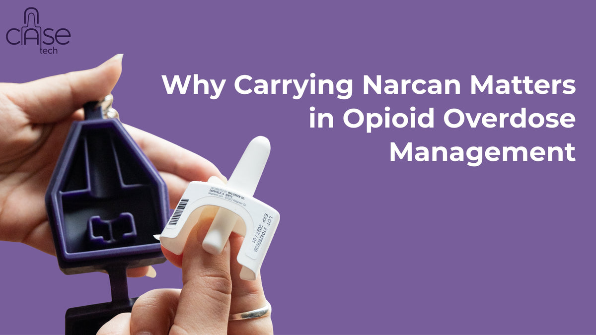 Person holding a Narcan nasal spray and carry case for opioid overdose emergency response